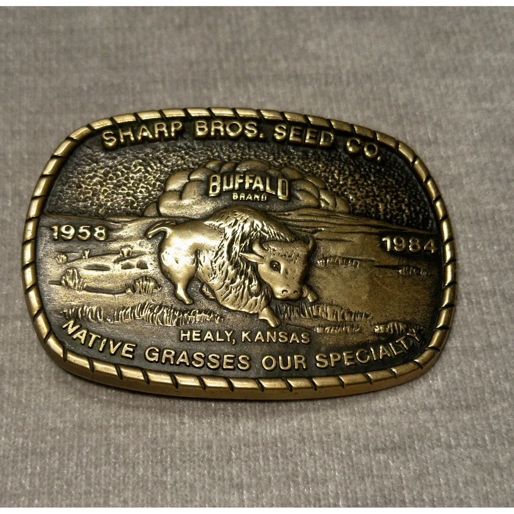 Vtg 1983 SHARP BROS. SEED CO. Belt Buckle Brass‎ HEALY, KANSAS 25th Anniversary